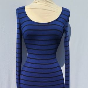 Women's BEBE Blue with Black Stripes High-Low Long Sleeve Dress
